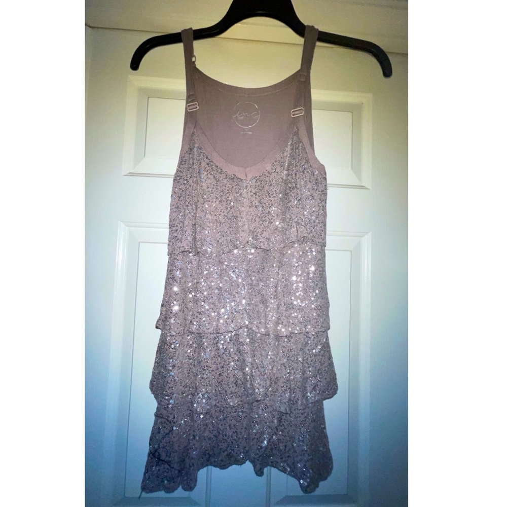 INC grey tank top with layers and silver sequence